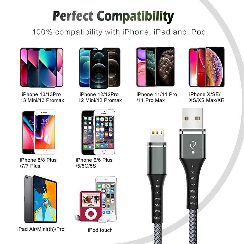 Original Lightning Cable USB Fast Charging Wire for iPhone 14 8 7 6S Plus X XR XS 13 12 11 Pro Max SE Nylon Braided Charger Cord