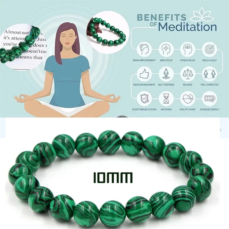 10mm Energy Yoga Bracelet Green Malachite Handmade Beaded Bracelet