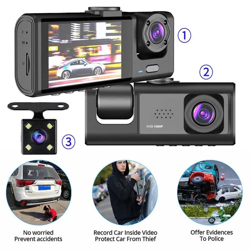 Car Dash Cam With Inside/ Outside Recording, IR Night Vision, Loop Recording & 2" IPS Screen, 1080 Pixels Resolution, 2/3 Camera variants