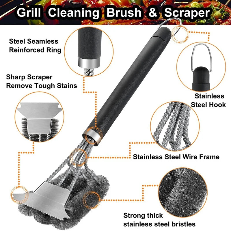 Safe Grill Brush and Scraper - 18 Inch Deluxe Handle, Stainless Steel Bristles for BBQ