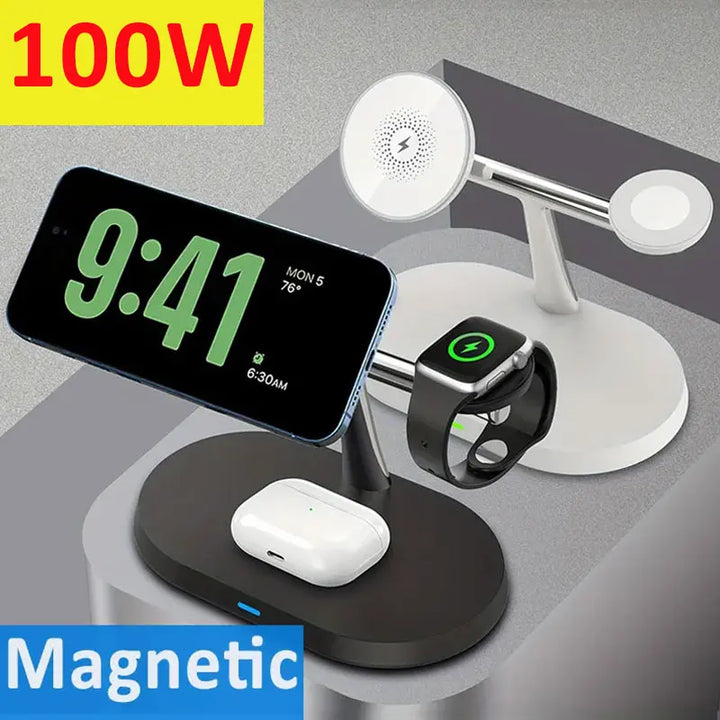 100W Magnetic Wireless Charger Stand For iPhone 15 14 13 Pro Max | Apple Watch 8 7 6 | AirPods 3 In 1 Magsafe Fast Charging Station