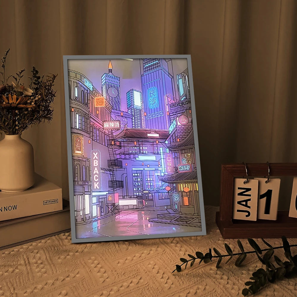 Anime LED Beautiful City Night View Light Painting,HD Picture Narrow Bezel USB Plug Dimming Romantic Home Decorations Night Lamp