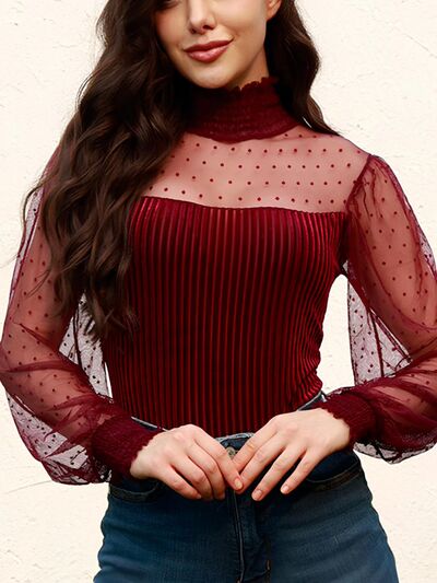 Smocked mock neck long sleeve bodysuit