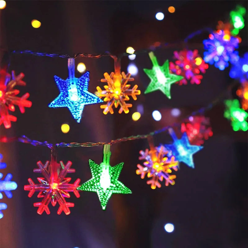 Snowflake string lights illuminating a garden