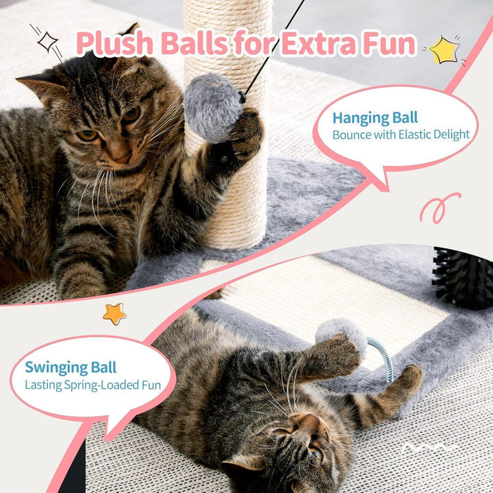 Soft plush cat bed with grooming brush and scratching post