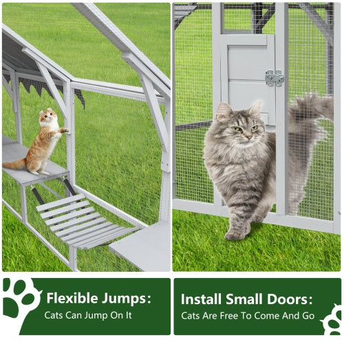 Spacious outdoor cat run with climbing platforms