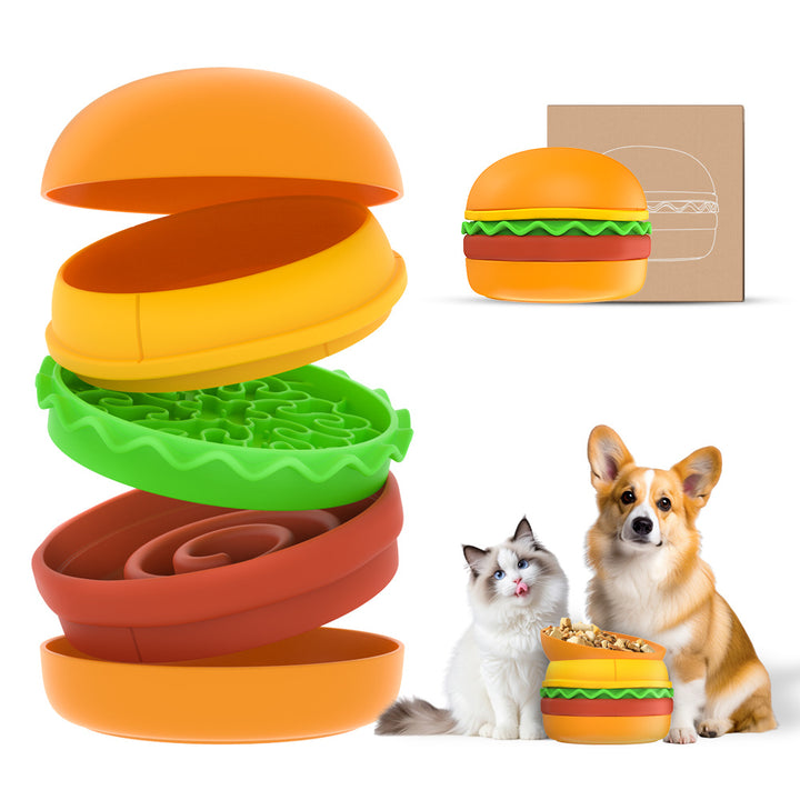 Stackable dog and cat bowls shaped like hamburger
