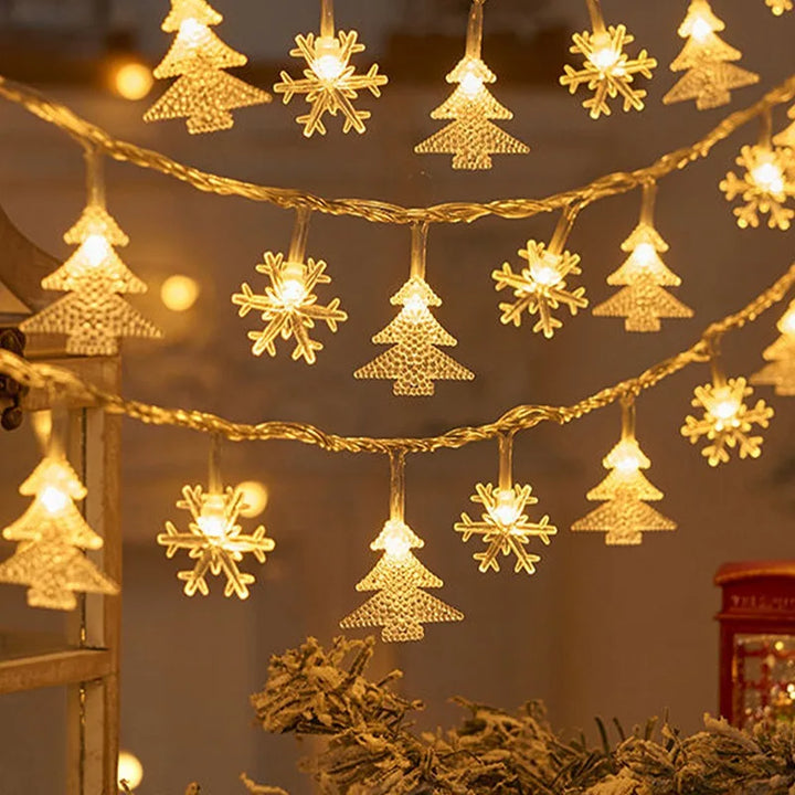 String lights with festive stars and snowflakes