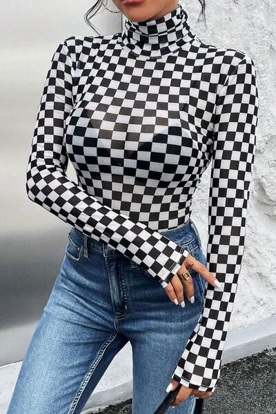 Stylish Checkered Turtleneck Bodysuit