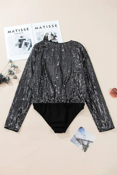 
Stylish Plunge Sequin Bodysuit in black 