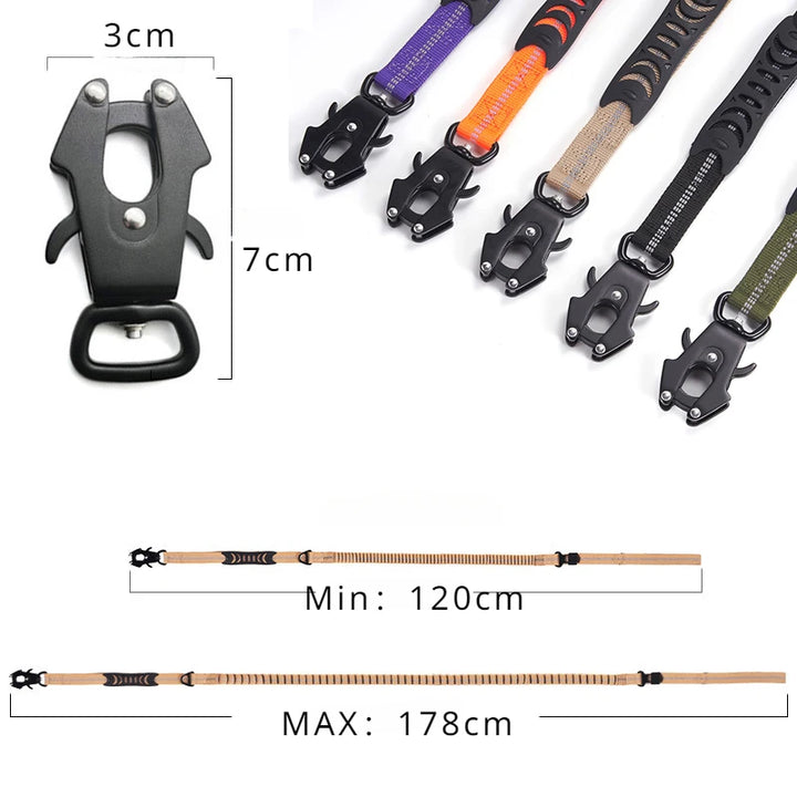 Tactical dog leash with car seatbelt attachment