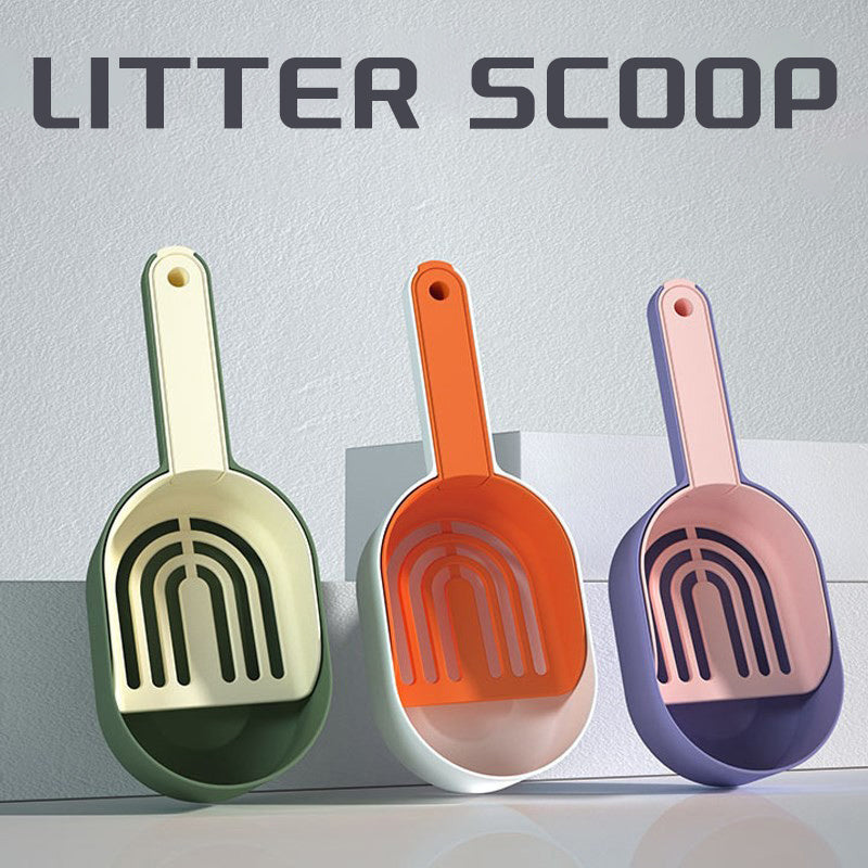 Three colorful litter scoops
