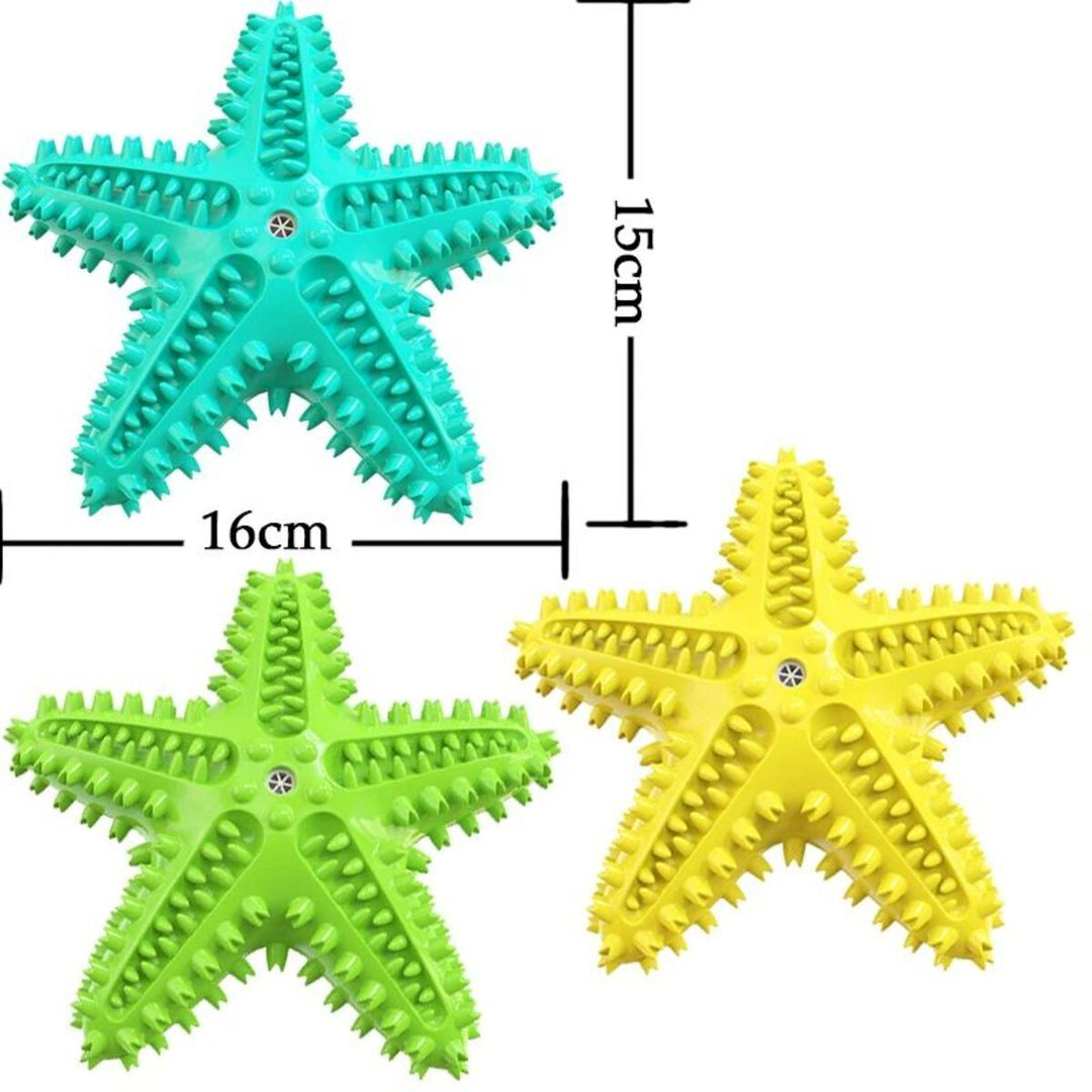 Three star shaped toys in green yellow and blue with measurements