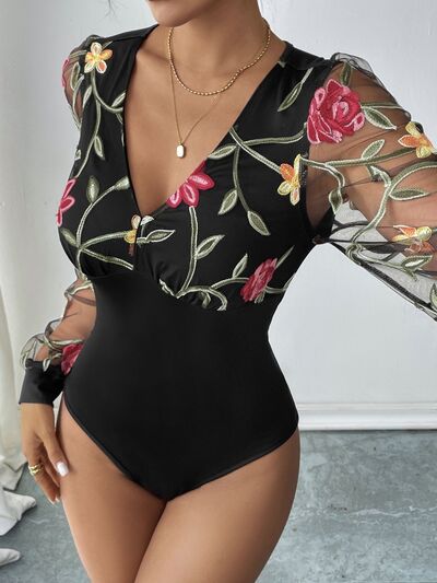 Trendy V-Neck Embroidered Bodysuit