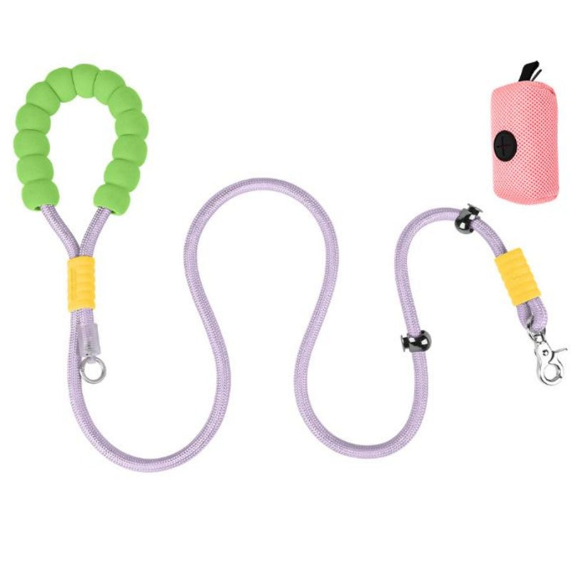 Two dog leashes with colorful handles