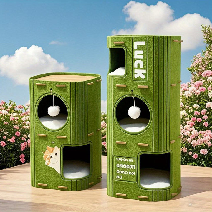 Two green pet play structures with circular windows