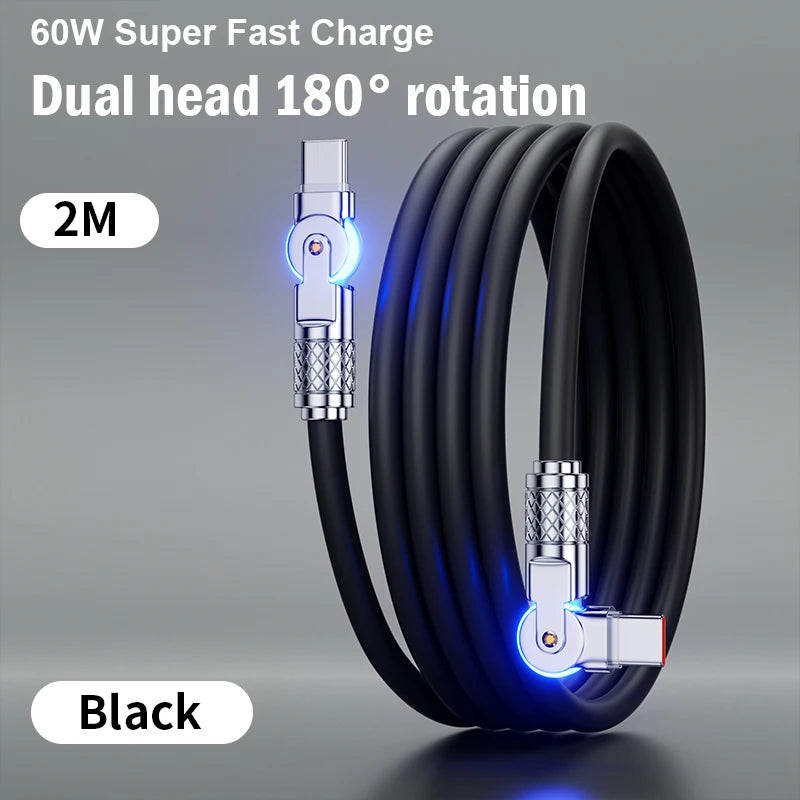 USB-C to USB-C Cable with Rotating Elbow Connector in black color 

