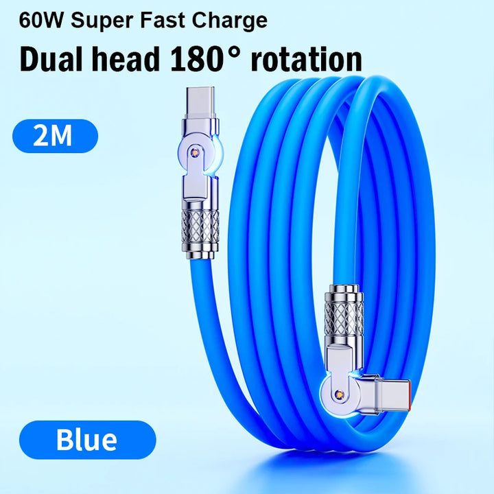 USB-C to USB-C Cable with Rotating Elbow Connector in sky blue color 

