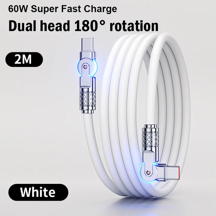 USB-C to USB-C Cable with Rotating Elbow Connector in white color 

