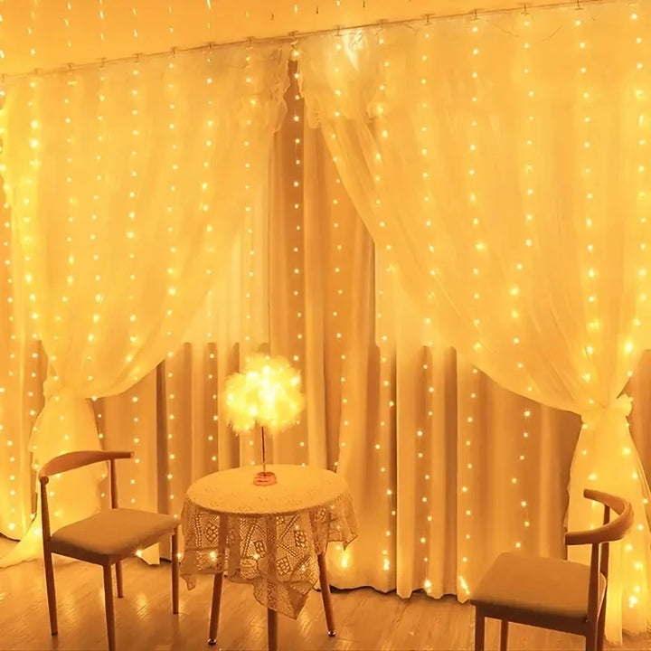 USB curtain string lights glowing indoors