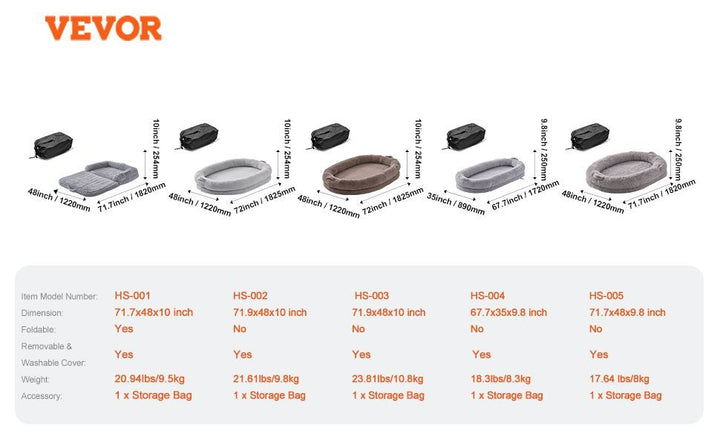 Vevor product lineup with dimensions