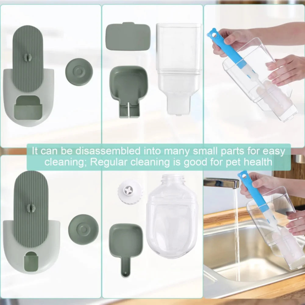 Water and food dispenser for pet cages.