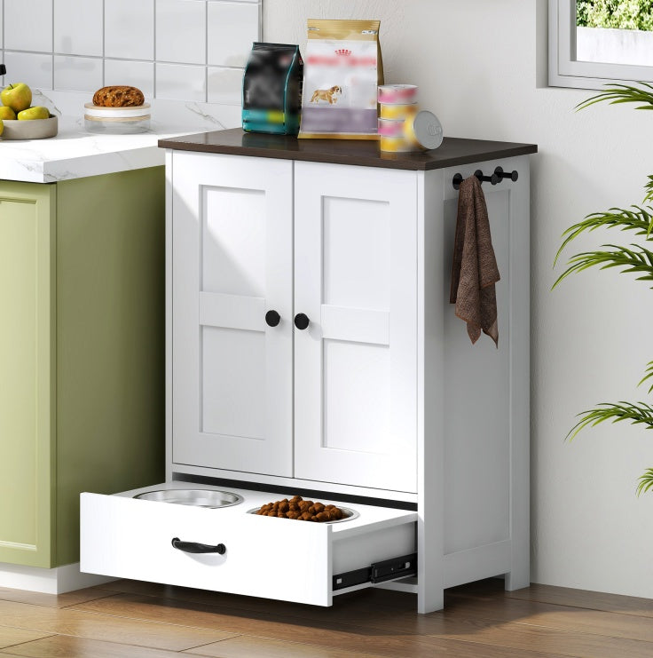 White Dog Feeding Station Cabinet