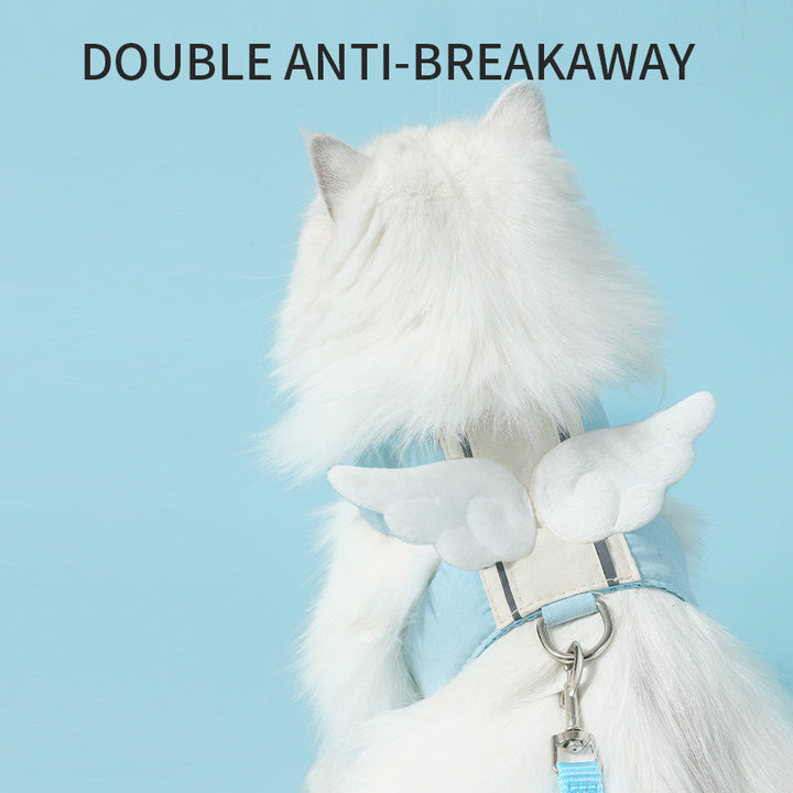White fluffy dog wearing a blue harness