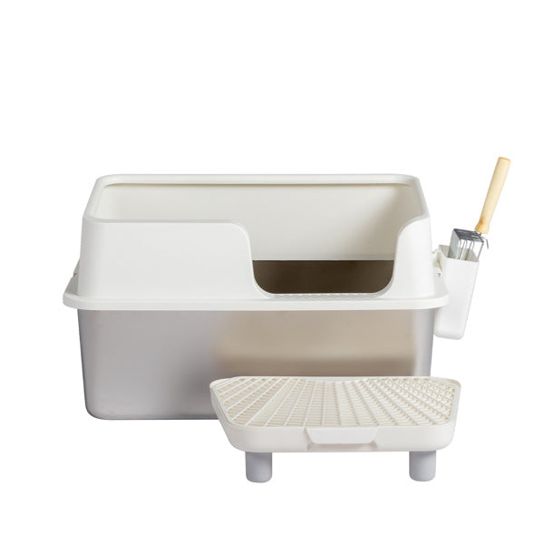 White stainless cat pan with accessories