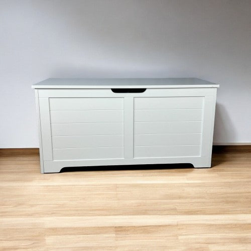 White storage bench with a gray top 