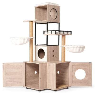 Wooden cat tree with litter enclosure