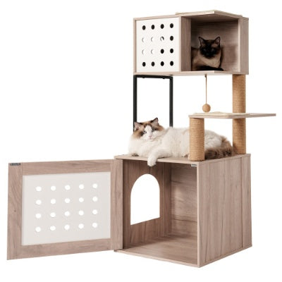Wooden cat tree with multiple levels 