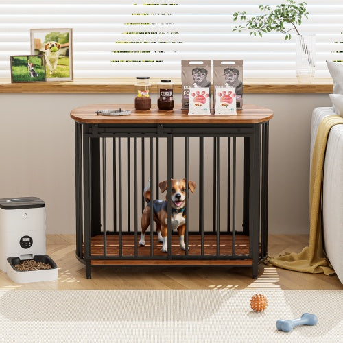 Wooden indoor dog cage with metal bars