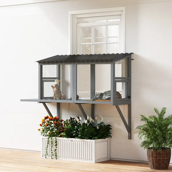 Wooden outdoor cat enclosure perch