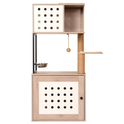 Wooden pet play structure with perches and a hanging toy