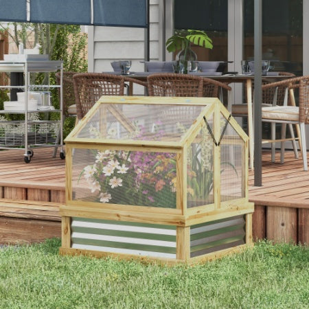 Wooden raised garden bed greenhouse