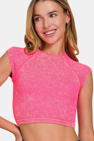 Zenana Ribbed Round Neck Cropped Top
