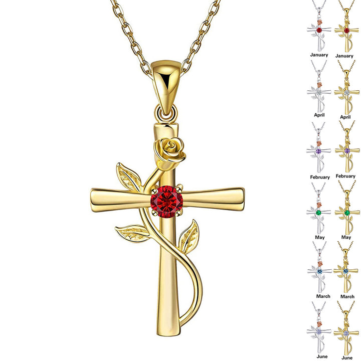 Rose cross necklace rhinestone pendant