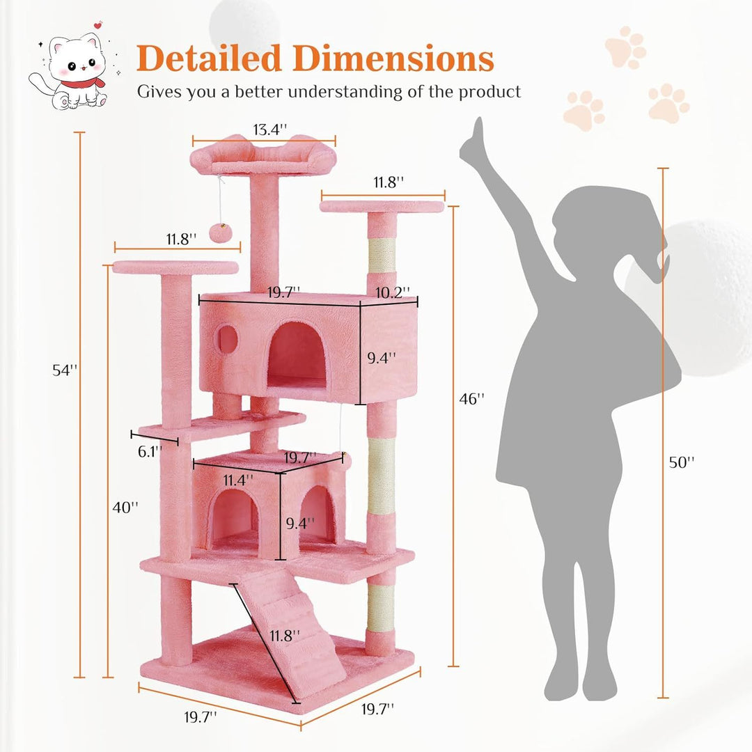 one girl check dimensions of Pink cat tree