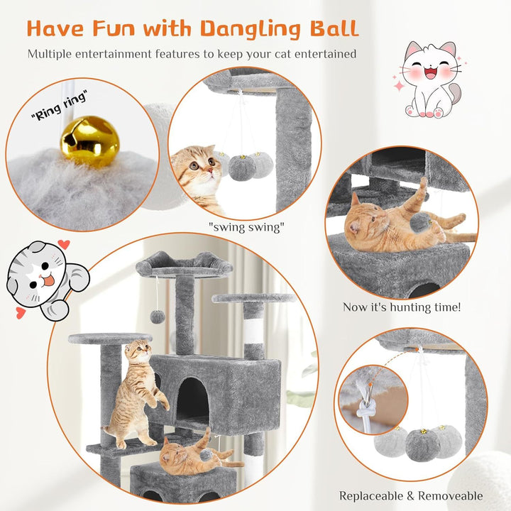 Cat play and interact with various features grey tree