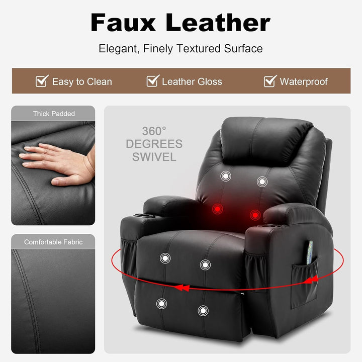 Recliner Chair, Rocking Chair with Massage and Heat, 360° Swivel