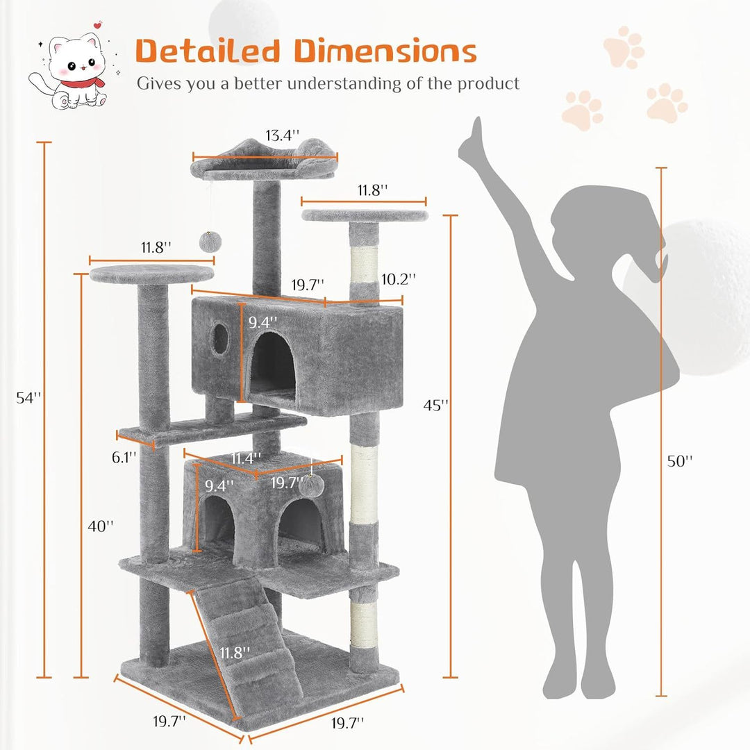 Cat tree with detailed dimensions and a silhouette 