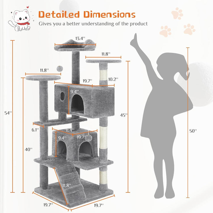 Cat tree with detailed dimensions and a silhouette 