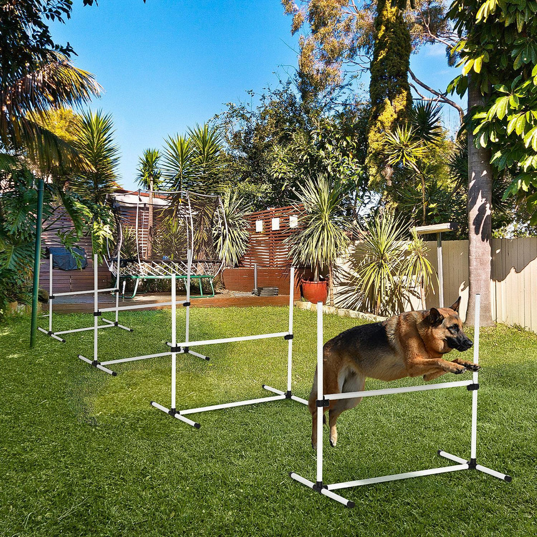 Dog jumping over an agility in a backyard