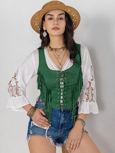 cute Fringe Lace-Up Wide Strap Tank
