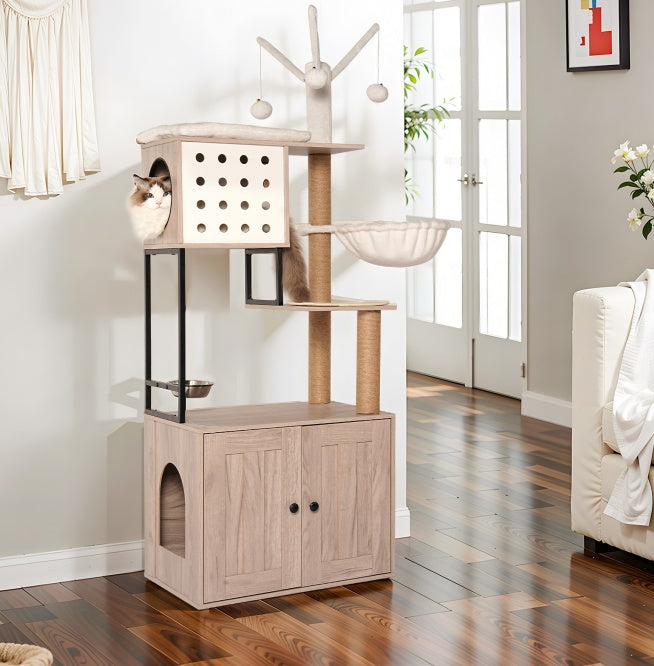 Cat Tree With Litter Box Enclosure - Modern Cat Condo With Scratching Posts, Feeding Bowl & Removable Pompom Sticks, Gray