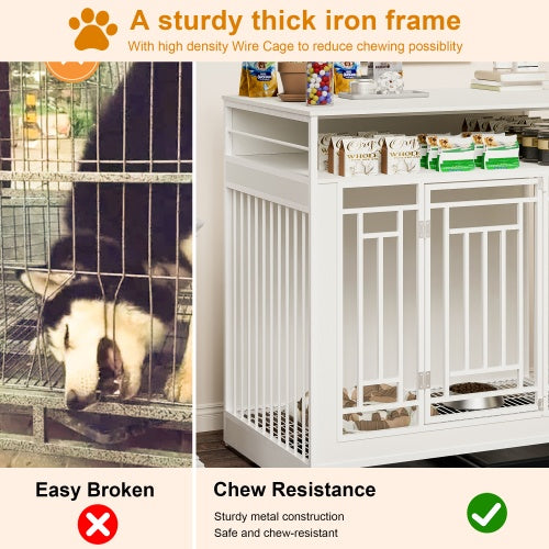 Dog crate with a thick iron frame and chew resistance features, showing a comparison with an easy-to-break option