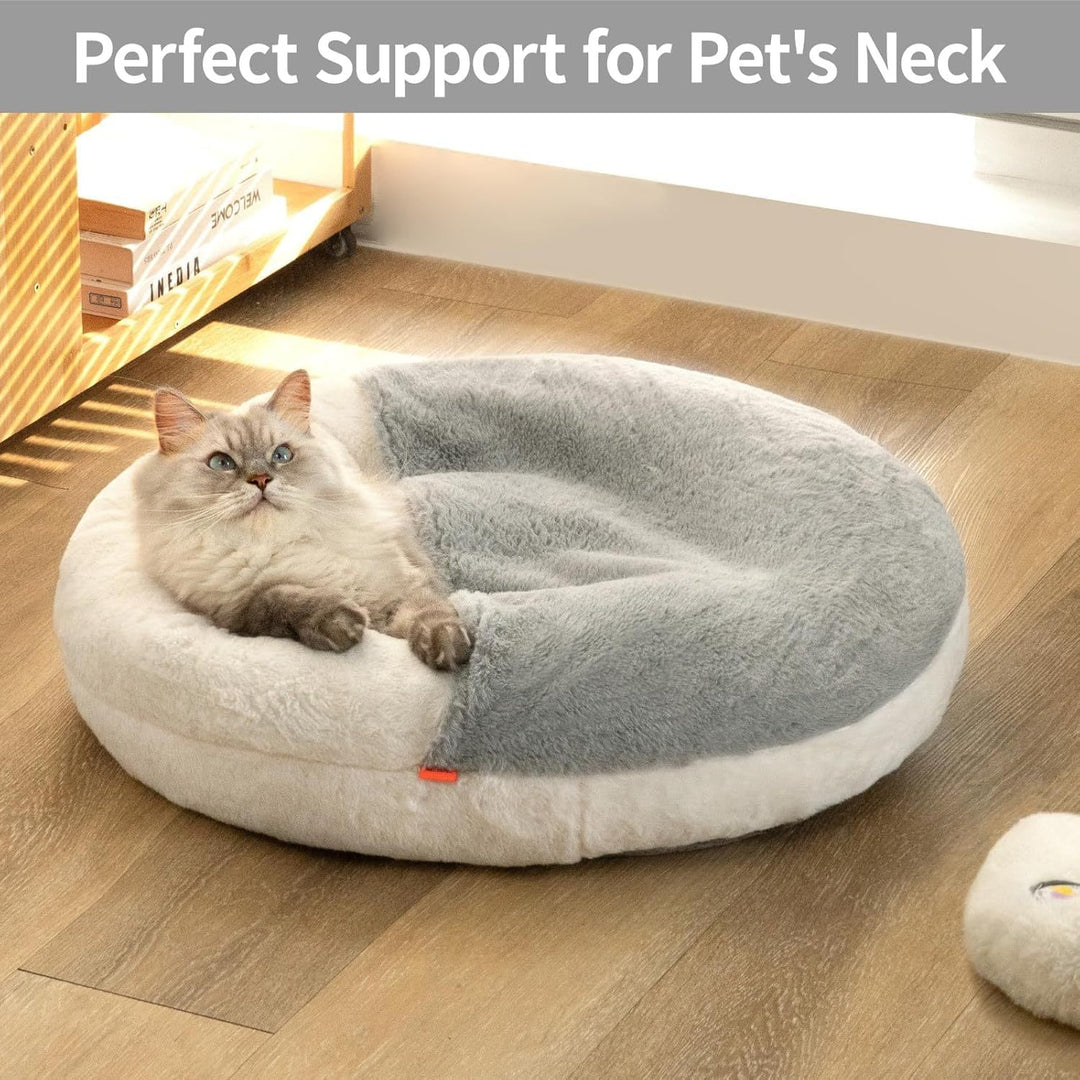 Cat lying on a round pet bed with 'Perfect Support for Pet's Neck