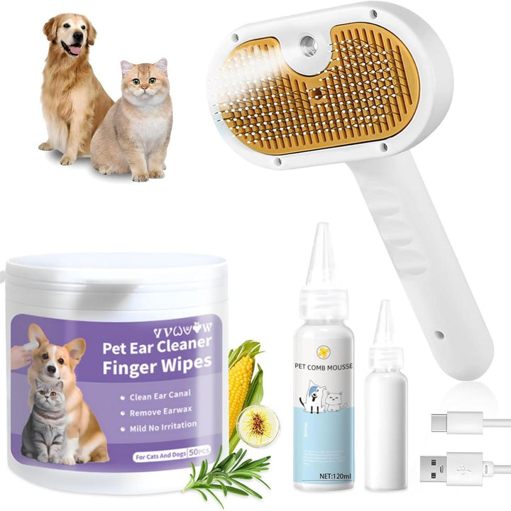Pet grooming products including a brush, ear cleaner wipes, and mousse