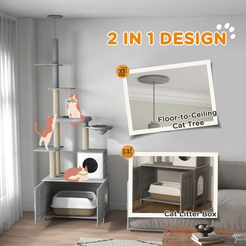 Two in one cat tree and litter box design with floor to ceiling
